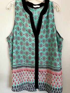 August Mist Sleeveless Printed Split-Neck Top with Black Trim Teal Print